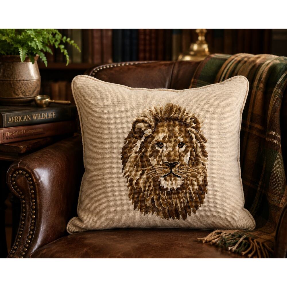 Lion Needlepoint Throw Pillow Velvet Back English Country Safari Lodge Decor